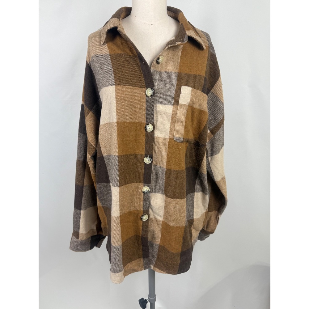 Fantaslook XXL Brown Neutral Plaid Shacket Casual Staple Normcore Shirt